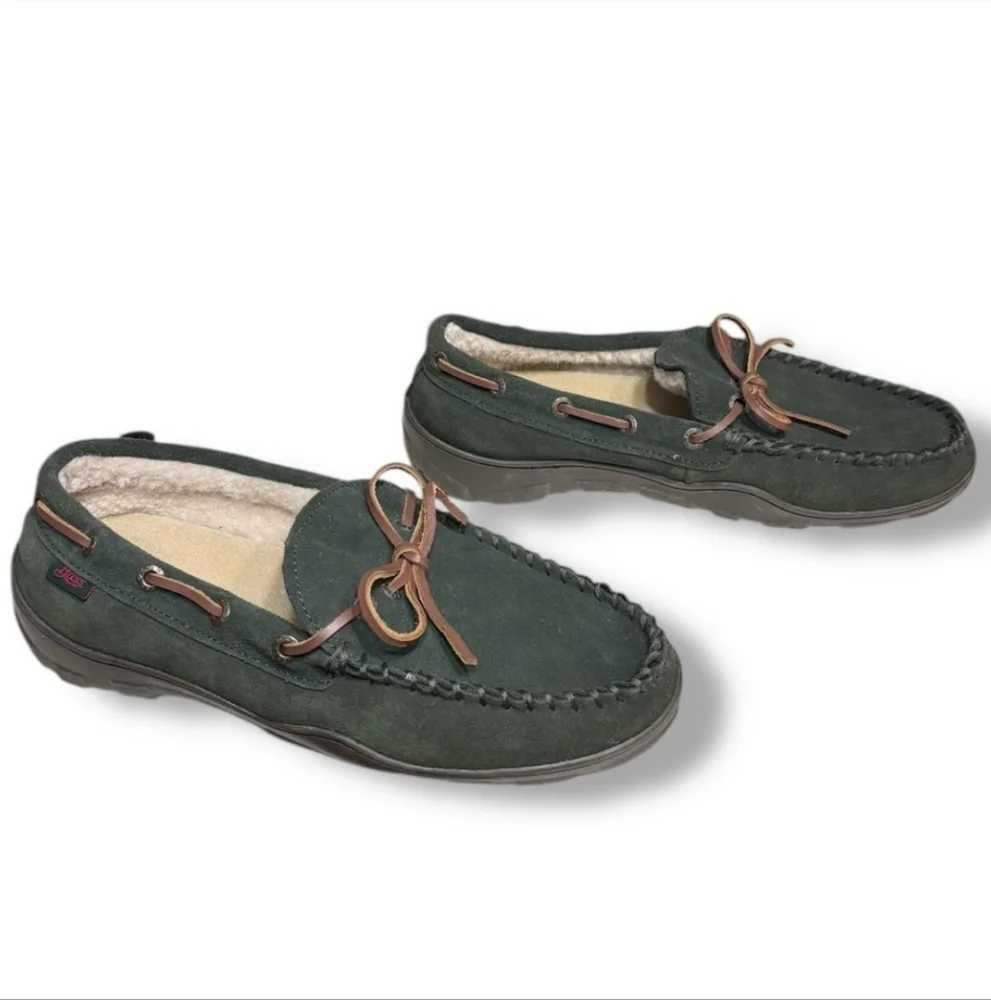 G.H. BASS Green Suede Moccasin Shoes Faux Shearling Lining